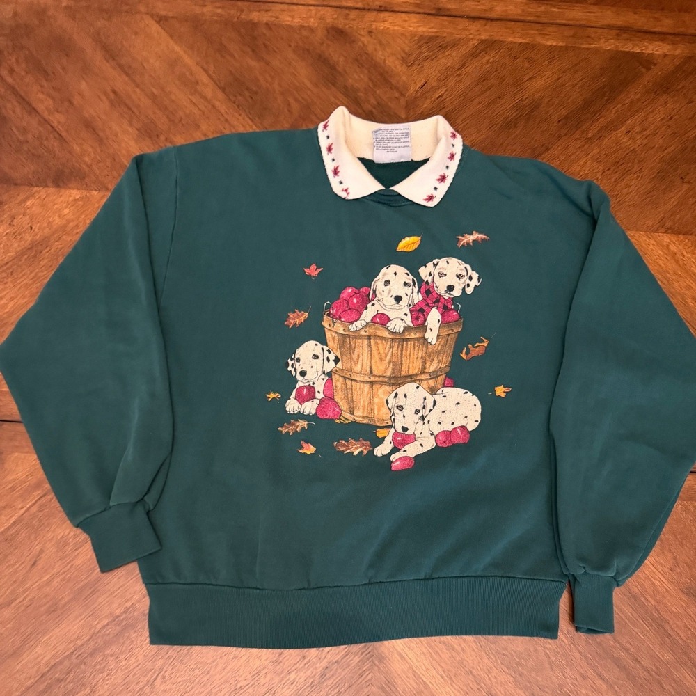 Vintage Gopher Sport Dalmatian Puppy Apple Basket Sweatshirt Green Large USA